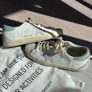 Golden Goose Style Low-Top Sneakers in White with Pink Star + blue bling